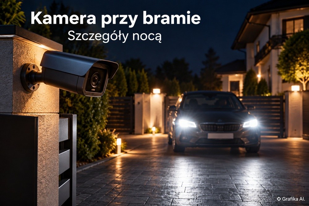 Kamera przy bramie i samochód z włączonymi reflektorami nocą – grafika AI.