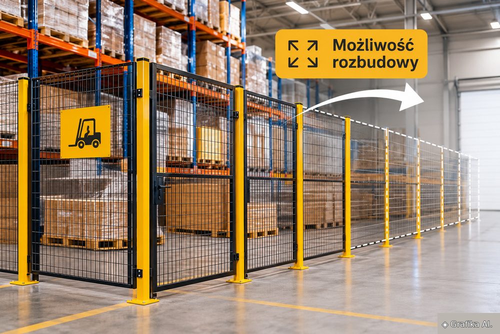 Modułowe wygrodzenie magazynowe z zaznaczonym kierunkiem rozbudowy